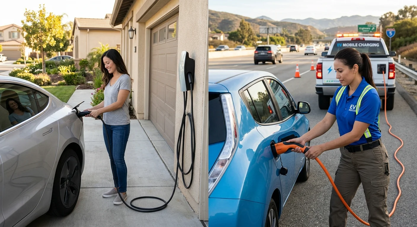 Split view of an EV at a wall charger and a second EV stopped on a roadside shoulder