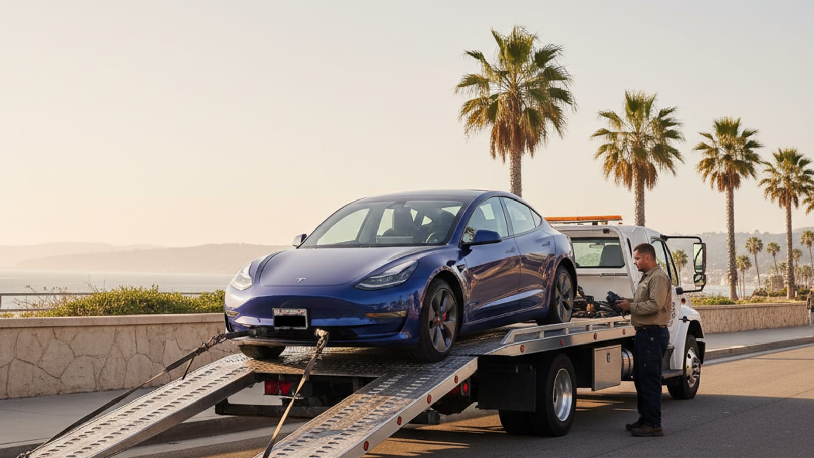 A stalled electric car on a highway shoulder beside a flatbed truck and a compact service van