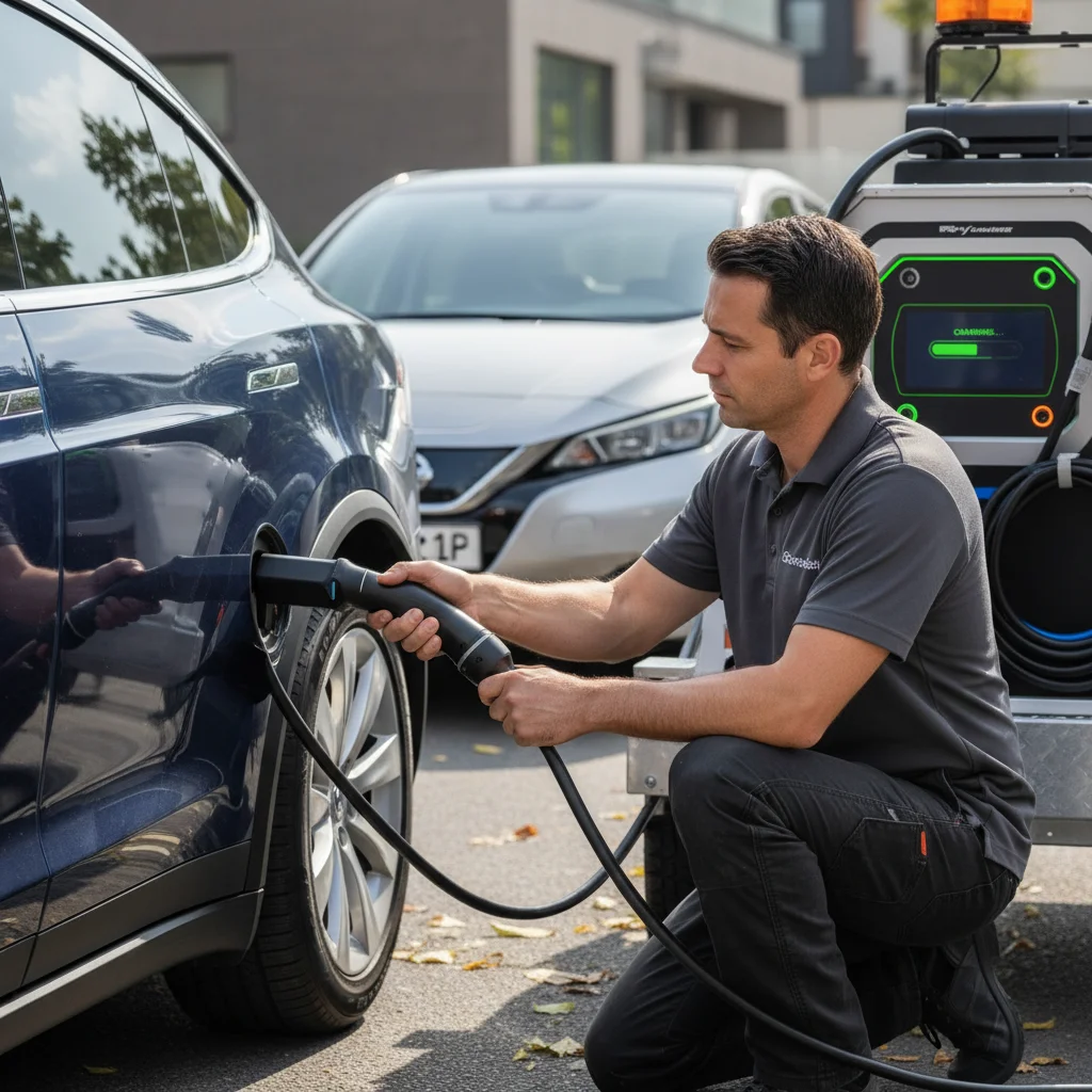 A driver standing next to a dark electric car on a roadside shoulder with a service van behind it