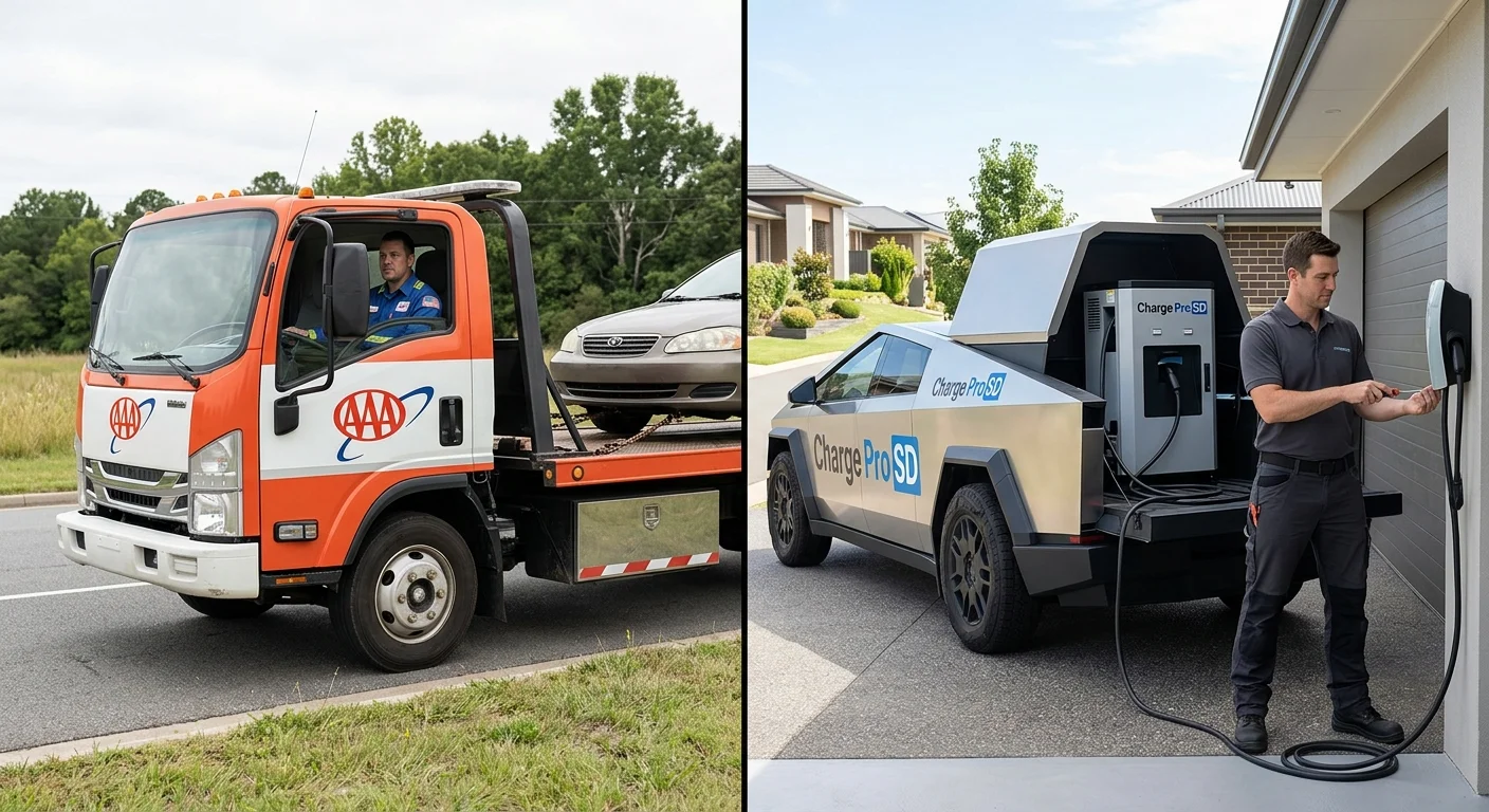 Split view of a flatbed loading an EV and a van charging another EV at the curb