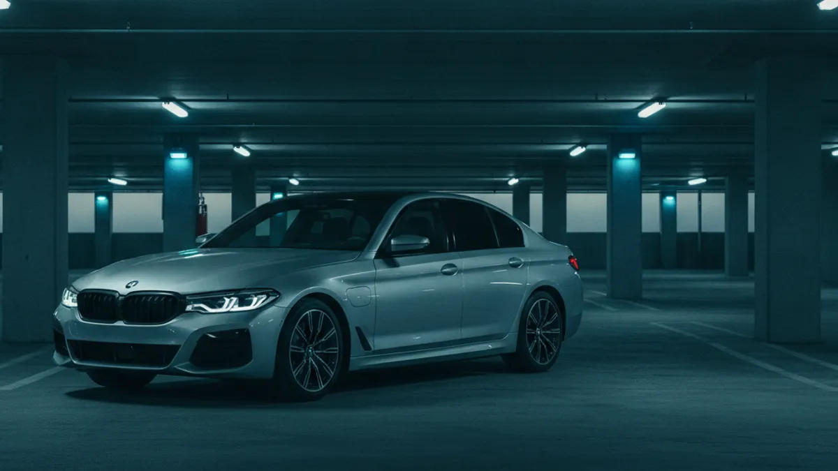A luxury sedan at the roadside with a dark dashboard after a failed start.