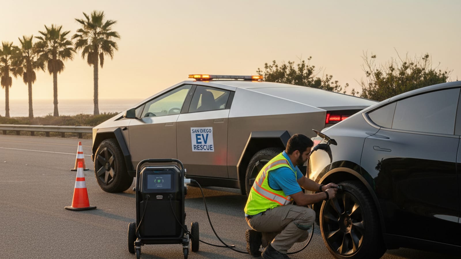 Portable EV charging cable coiled beside a closed charge port on a paved roadside
