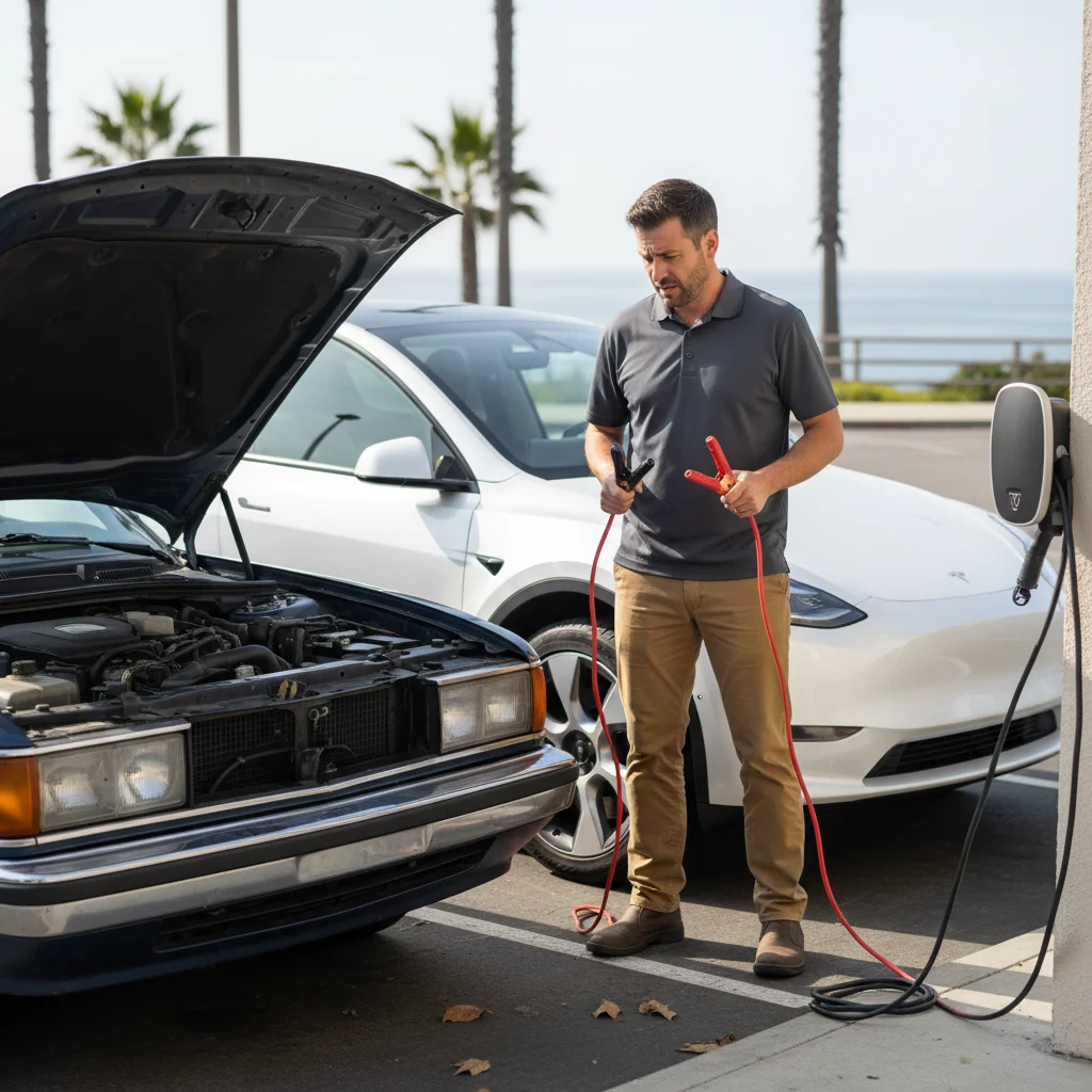 Driver holding jumper cables beside a sedan with its hood open in a parking lot