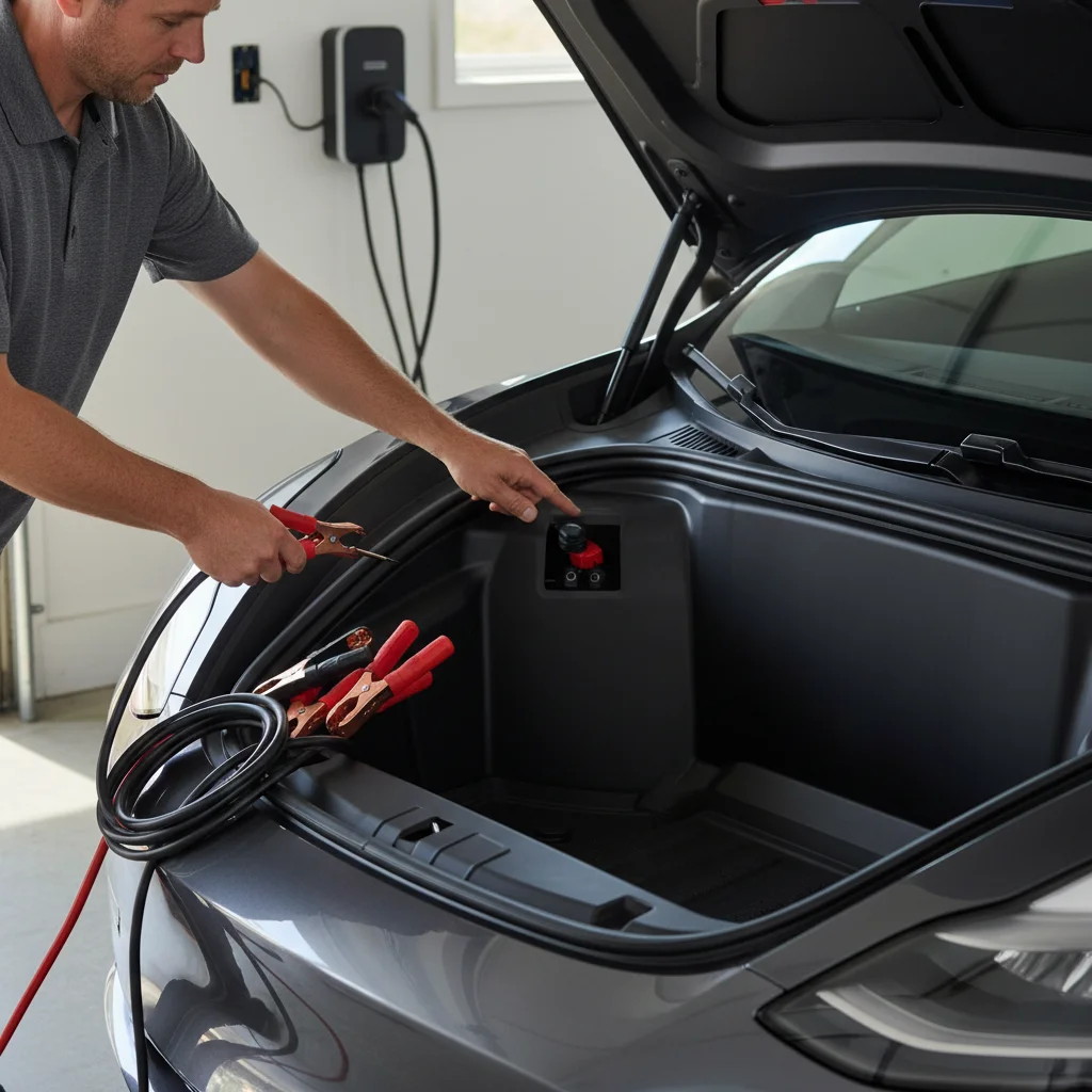 Jumper cables resting near 12-volt battery terminals under an open hood