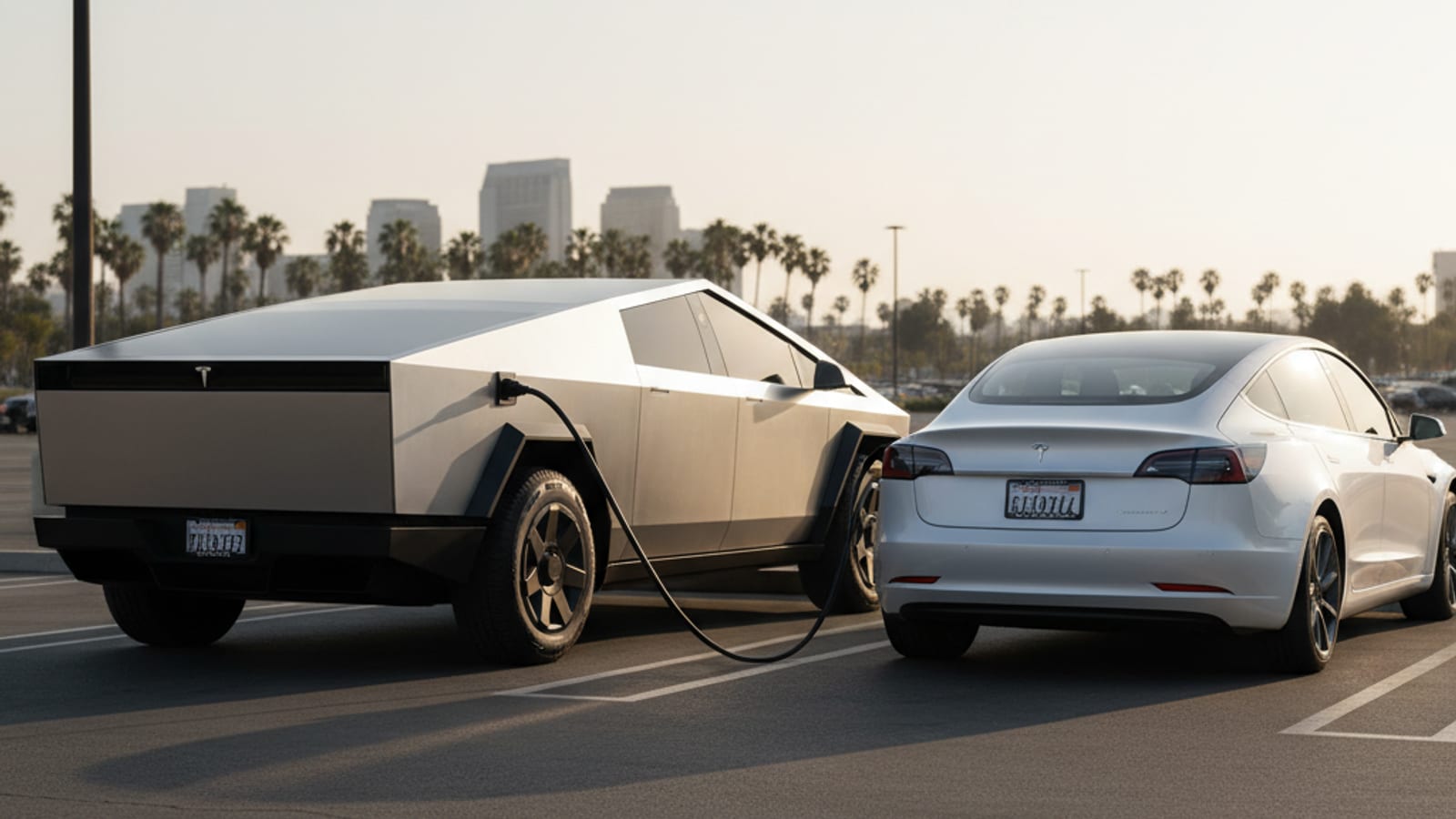 Two electric cars parked close on a paved shoulder with a charging cable stretched between them