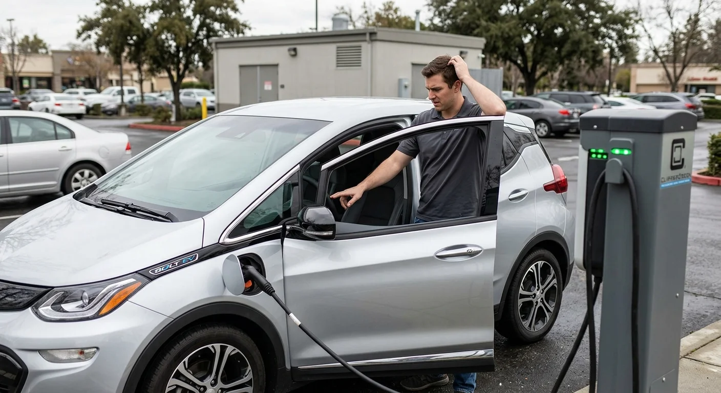 A driver checking a compact EV dash after a public stall fails to start a session.
