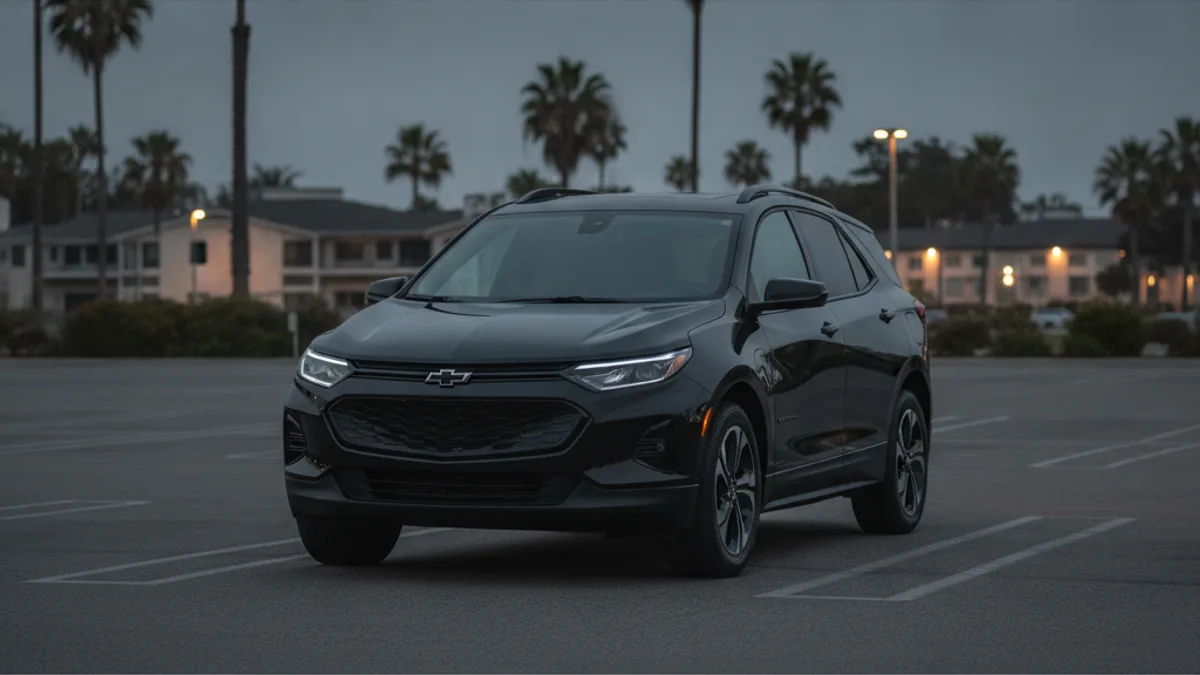A dark unresponsive Chevy Equinox EV parked in a driveway at dusk with no cabin lights on