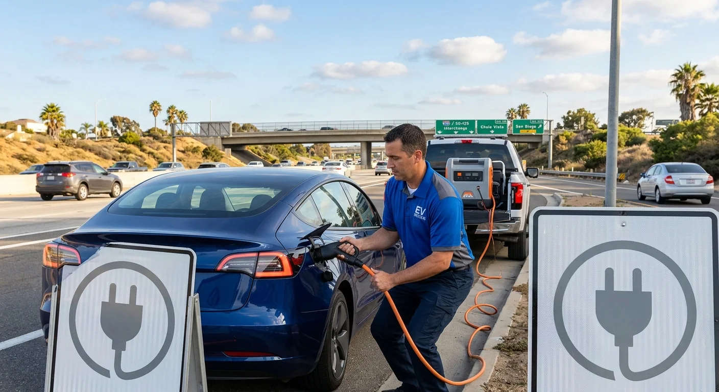 A Tesla on a multi-lane road with public charging equipment in the background