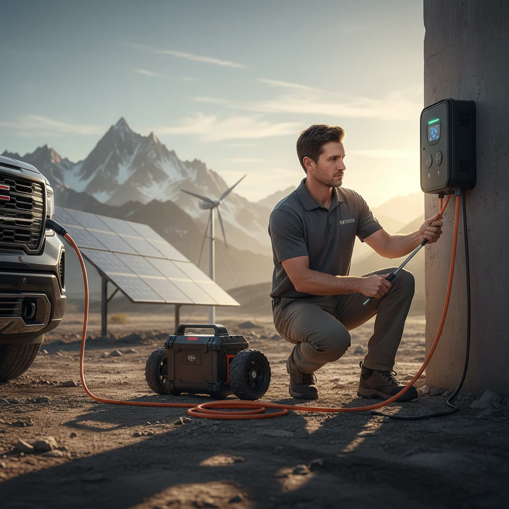 A technician connecting a portable charger to a stalled electric delivery van at the curb