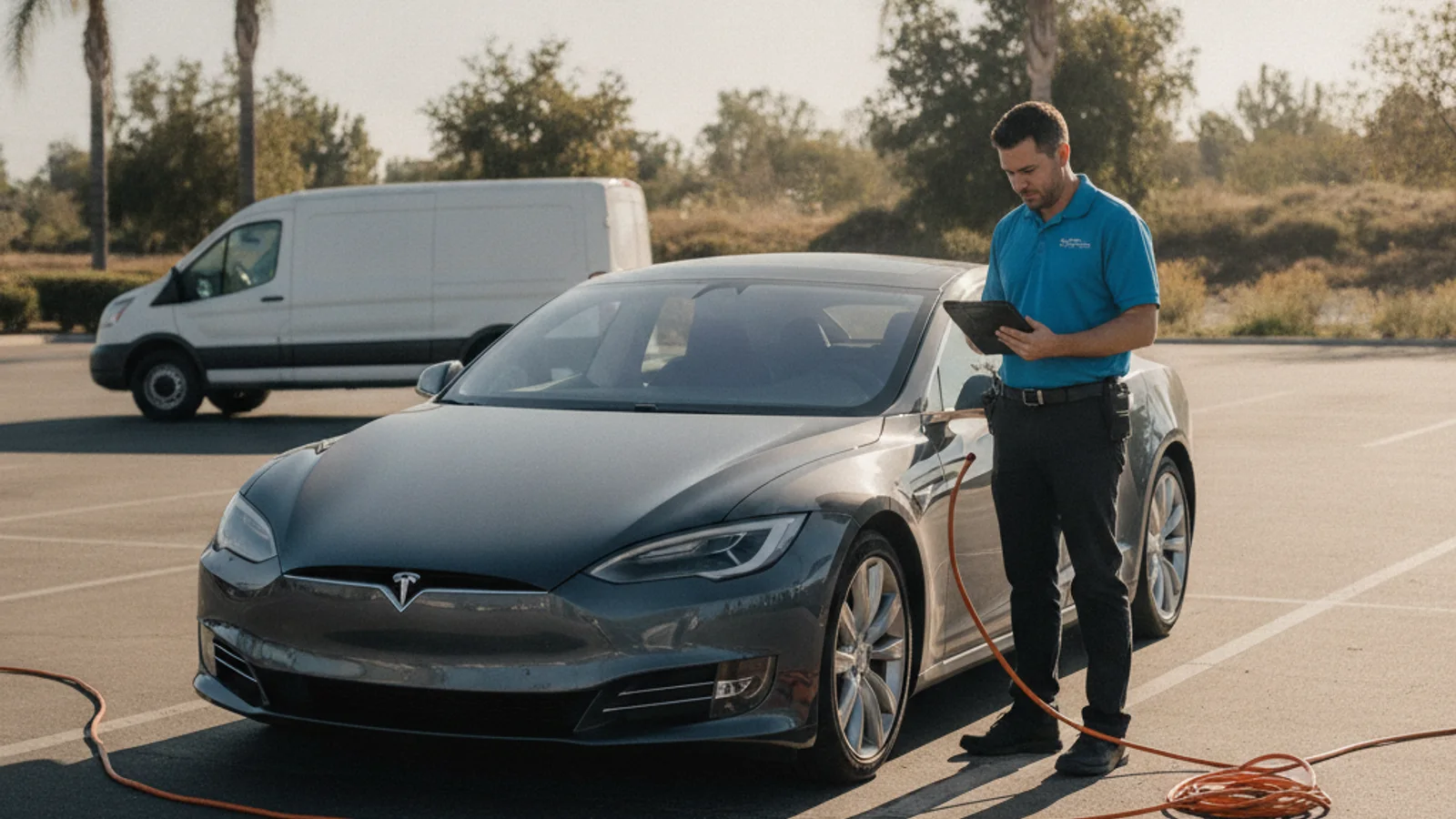 A dark electric sedan on a highway shoulder with an unlit cabin and a small battery near the bumper