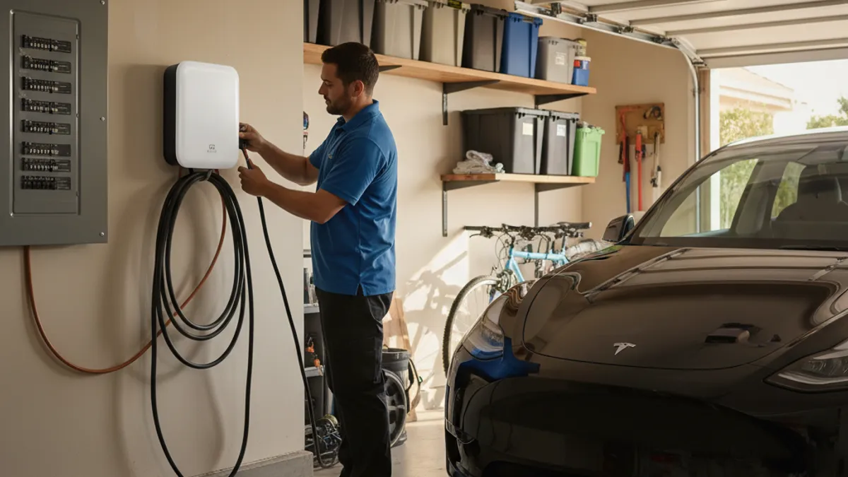 An electric vehicle parked on pavement next to a charging cable and portable power unit