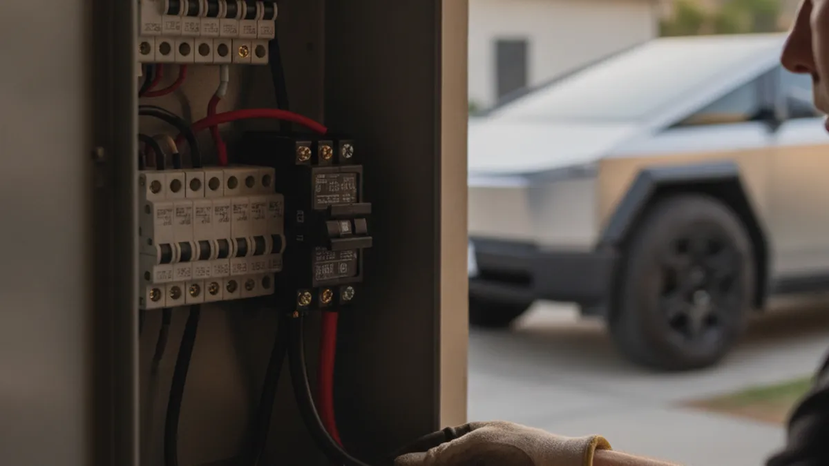 An electrician's hands working inside an open residential electrical panel, with a 240-volt breaker in view.