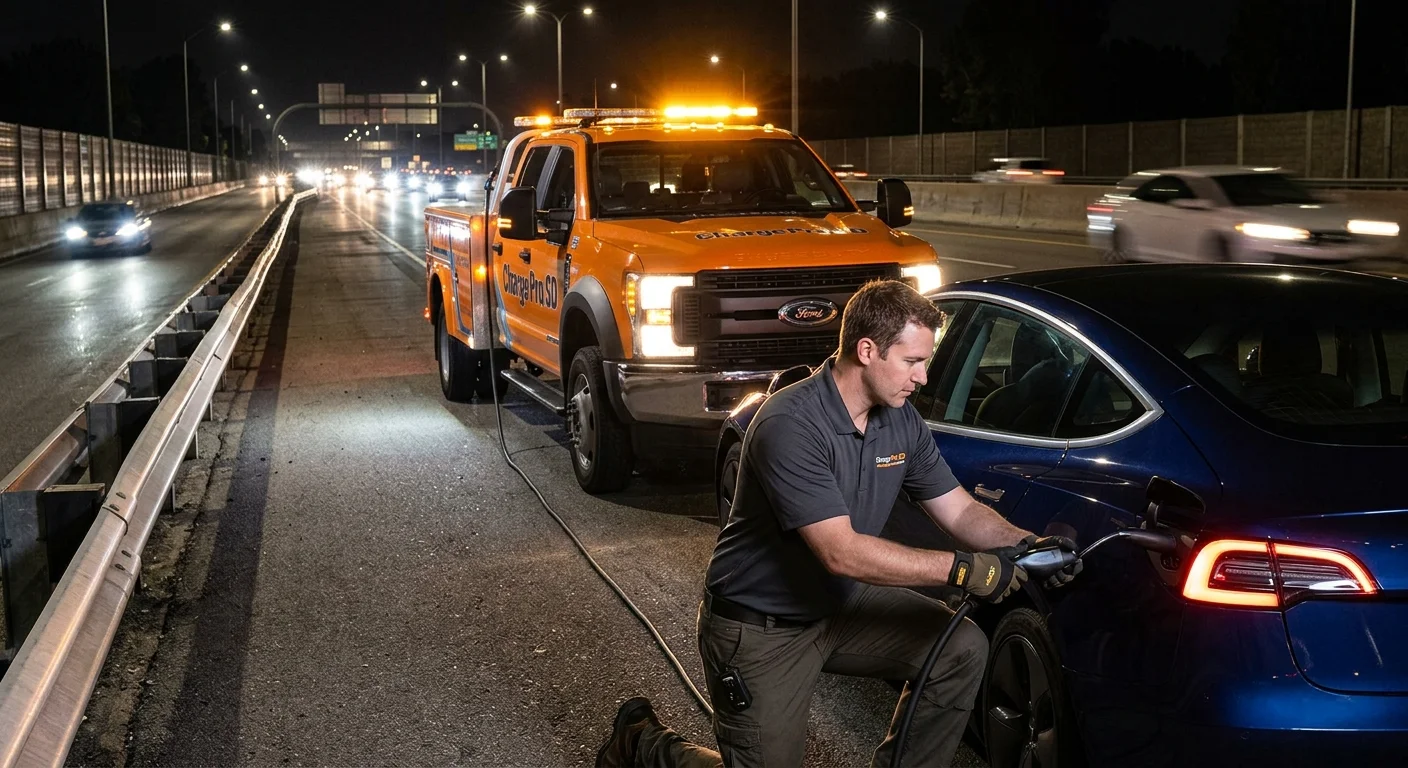 A stranded electric car on a highway shoulder at night, with a rescue vehicle pulling up behind and lights on the scene