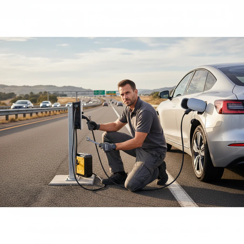 Electric car stopped on a freeway shoulder with hazard lights on as a mobile charging truck approaches