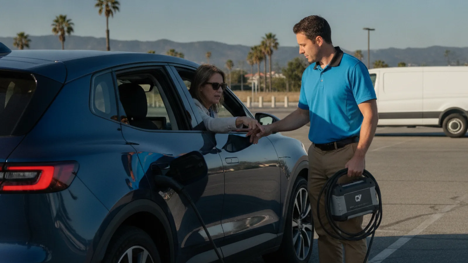 An electric car stopped on a roadside shoulder while a helper stands at the charge port