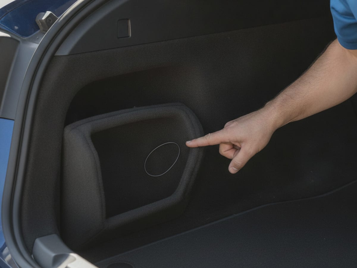Hands pulling a manual charge-port release cable behind interior trunk trim