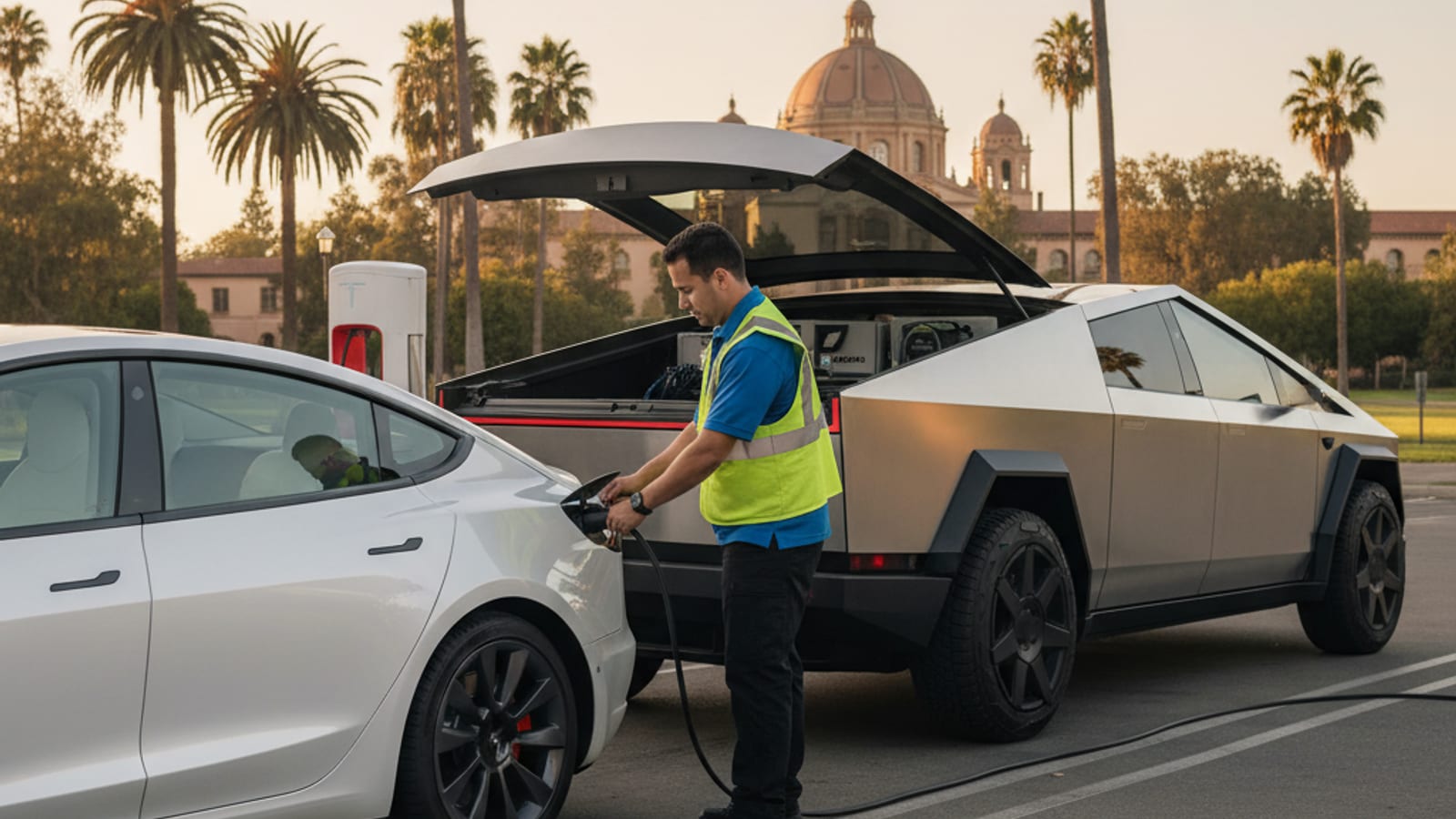 Parked electric vehicle with an open charge port beside a roadside van