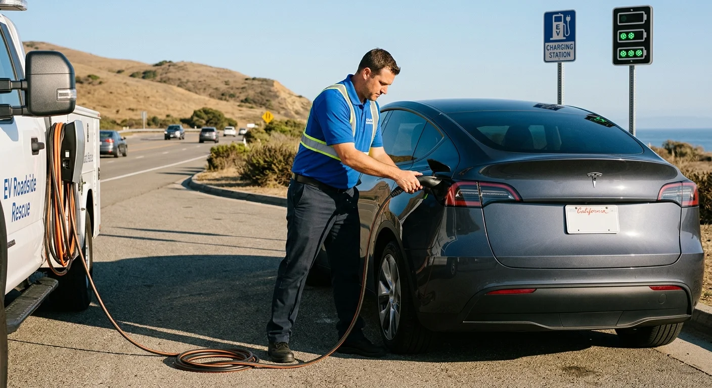 An electric vehicle parked on a paved shoulder beside three charging-level symbols