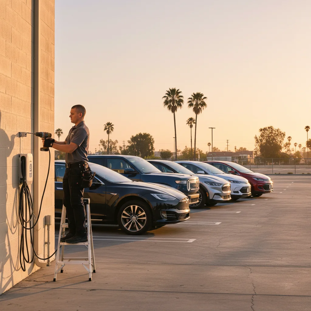 Several electric cars parked in a line at dusk with charge ports visible