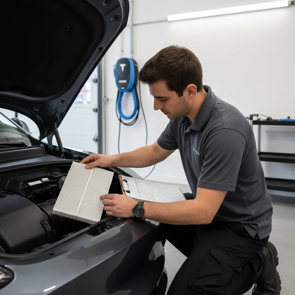 A technician holds a clipboard beside an open hood and a cabin filter housing