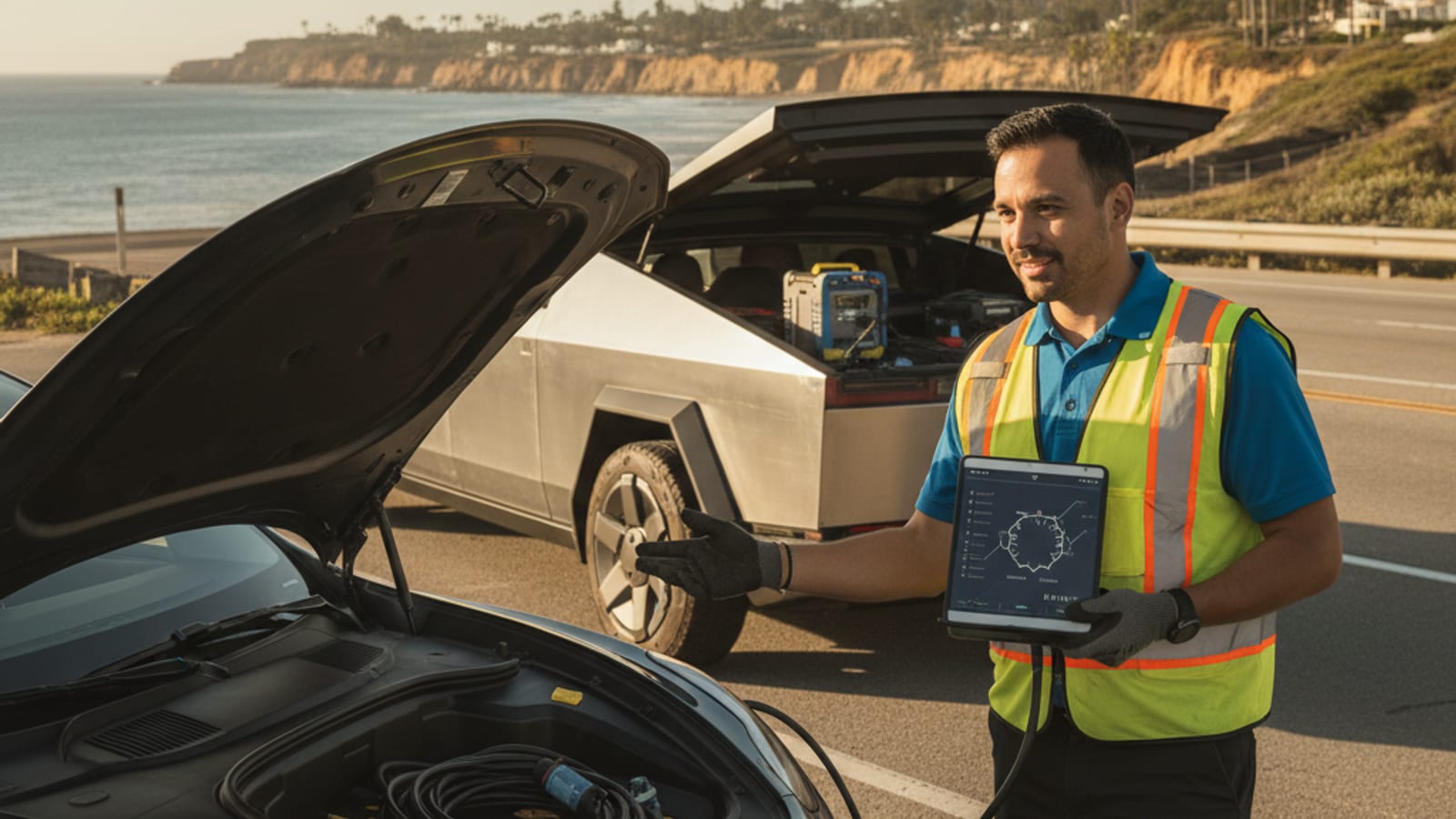 Open hood of an electric car on a paved roadside while a helper checks the auxiliary battery