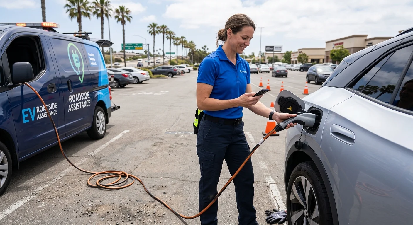 A driver checking a phone from an EV parked on a paved shoulder