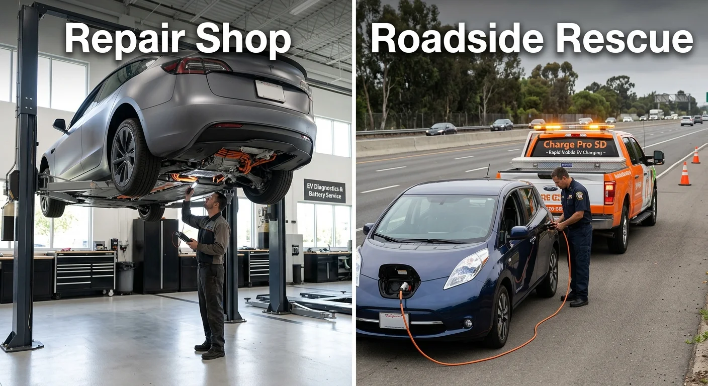 An electric car on a shop lift beside a separate roadside rescue helping a stranded EV