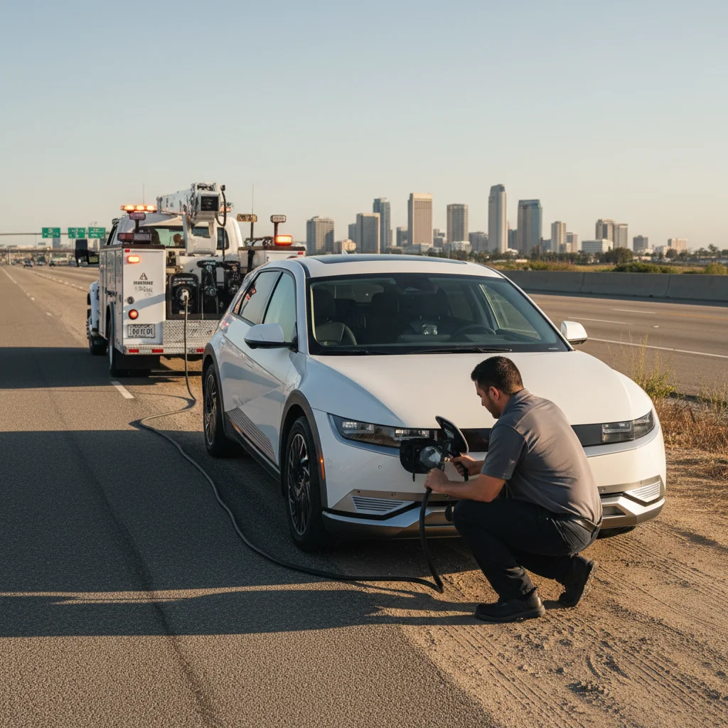 An electric car stopped on a highway shoulder with a driver standing beside the open door