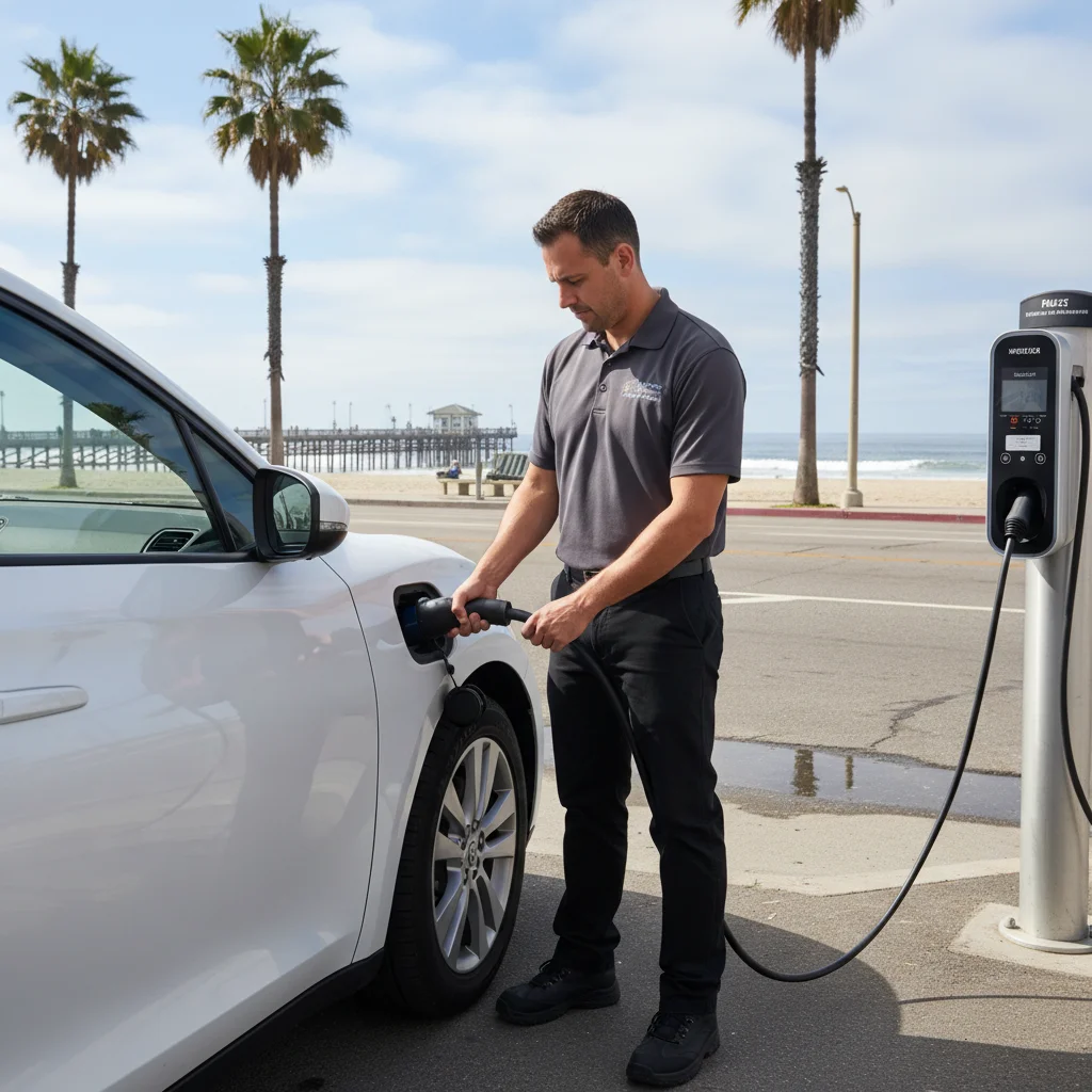 A technician plugging a portable charger into an EV parked along a quiet street