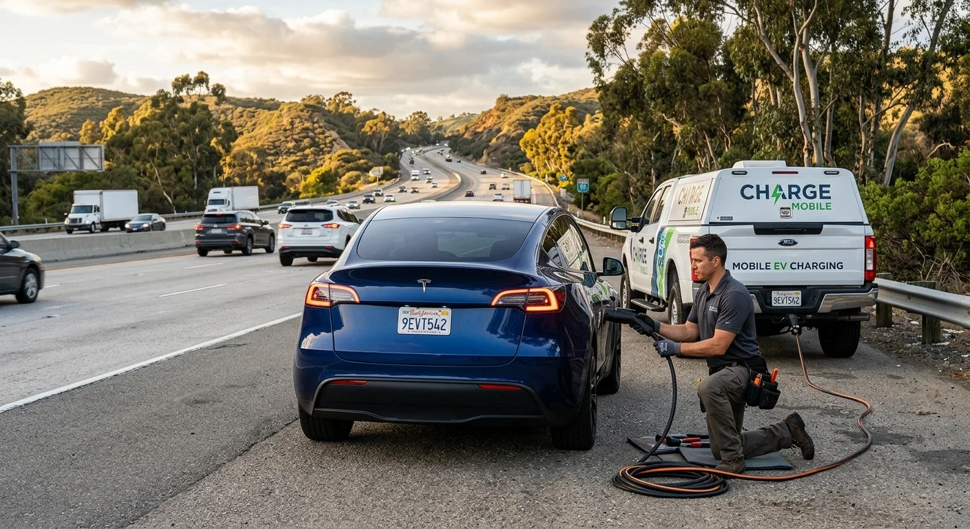 An electric SUV stopped on a paved shoulder with its charge port door open