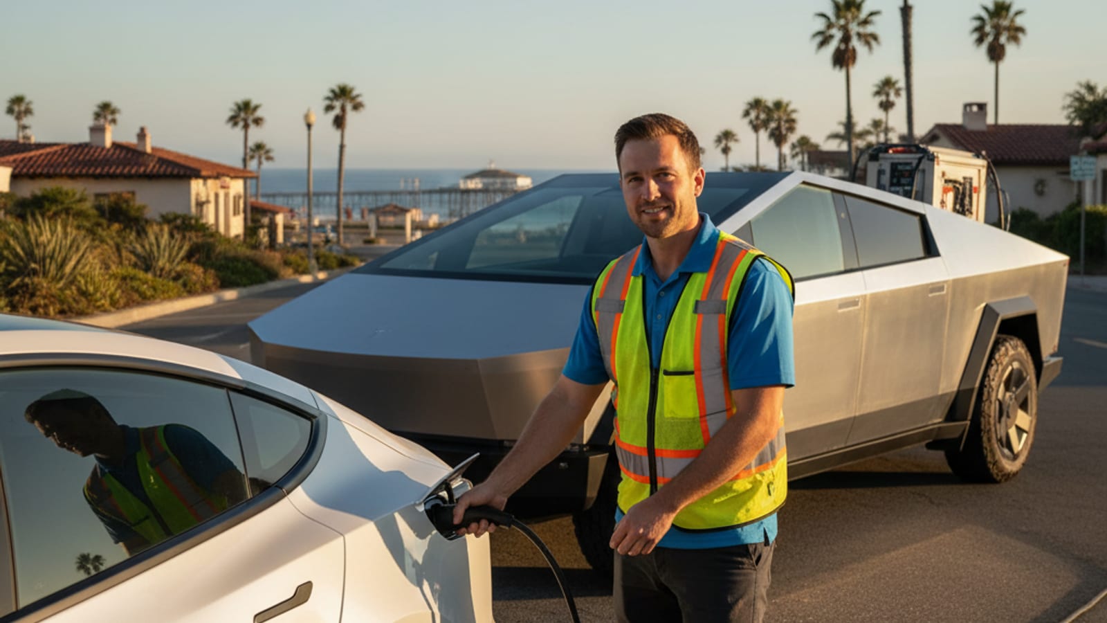 A parked electric car on a paved shoulder with its hazard lights on