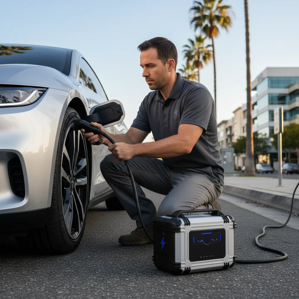 A charging cable plugged into an electric car at the side of a road