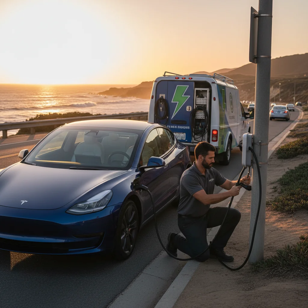 White EV on a paved shoulder as a mobile charging truck pulls up behind it