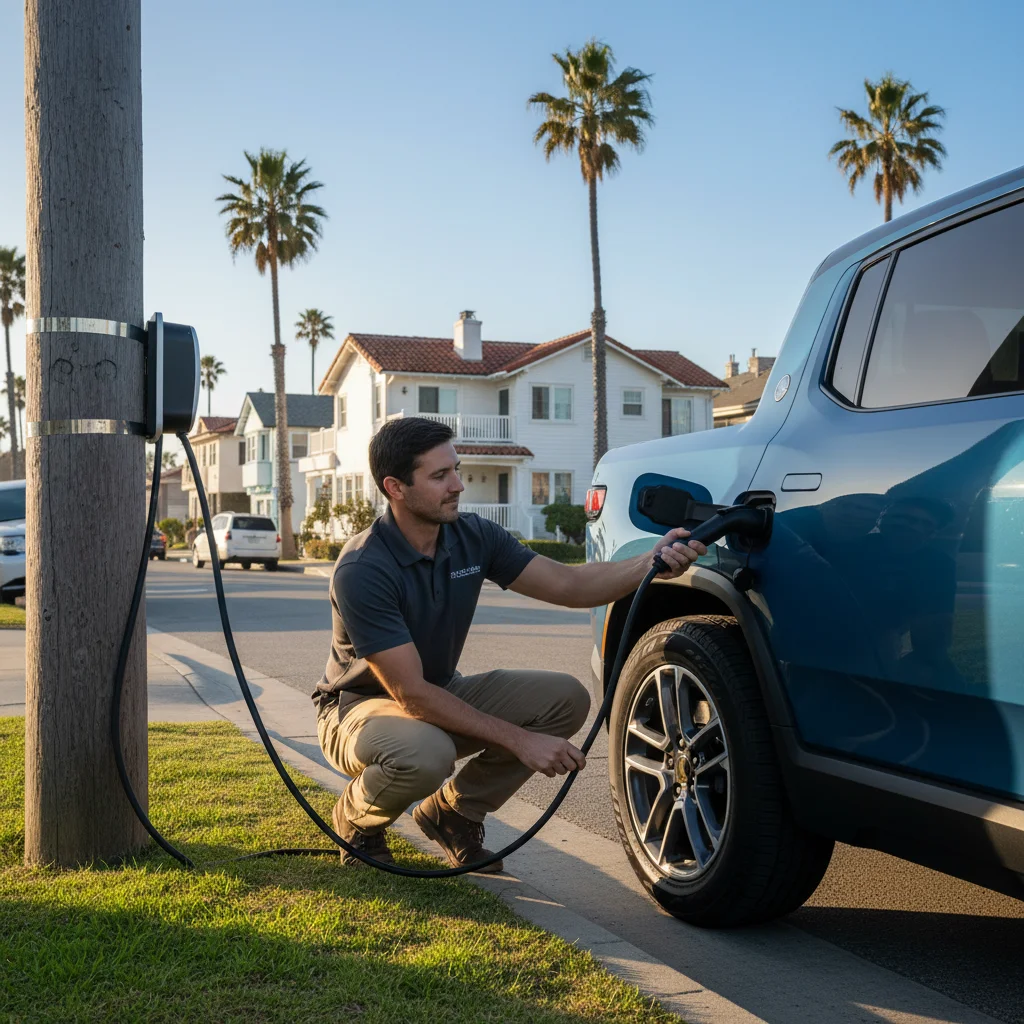 Technician plugging a charging cable into an SUV on a residential street