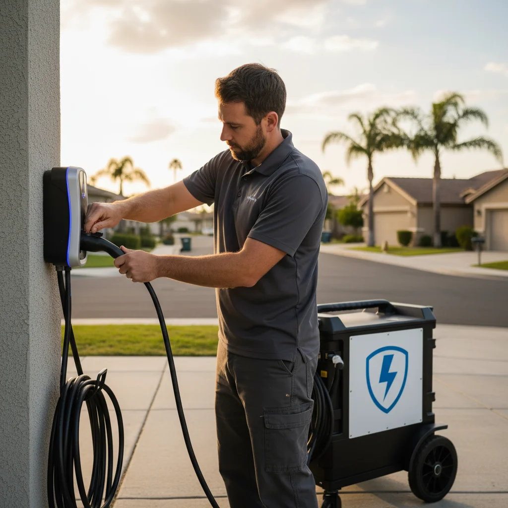 Technician plugging a portable charger cable into an EV charge port at curbside