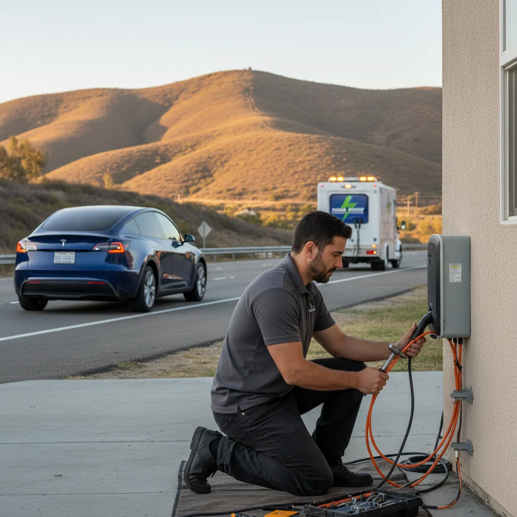 A mobile charger plugged into a stranded electric car on a highway shoulder