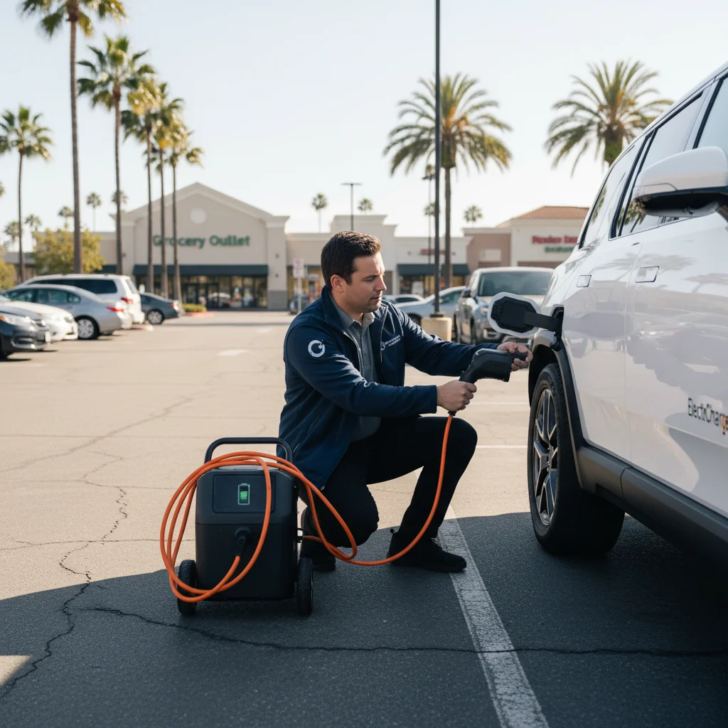 A charging cable connected to an EV parked in a suburban lot