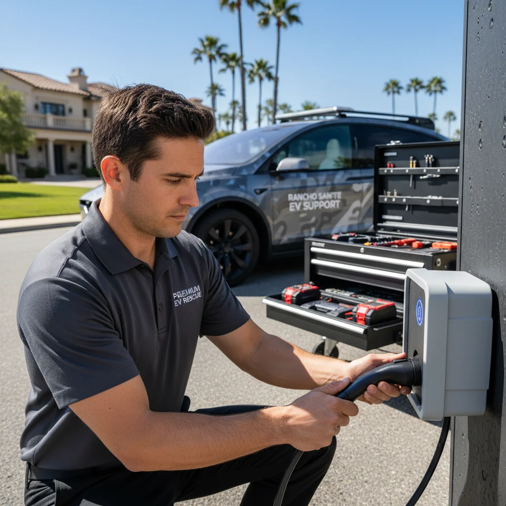Charging cable plugged into an electric car along a quiet roadside