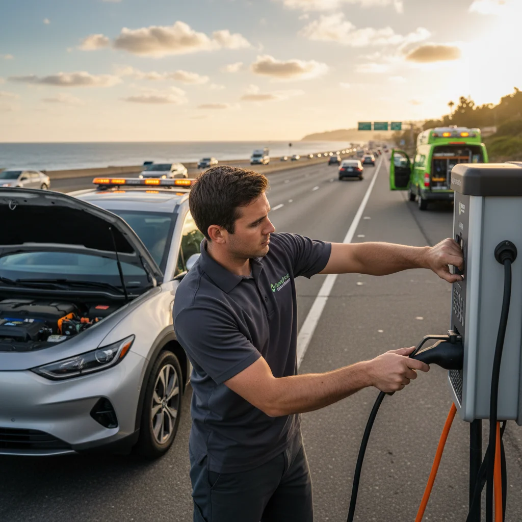 An operator connecting a portable charging cable to an electric car stopped on a paved roadside shoulder
