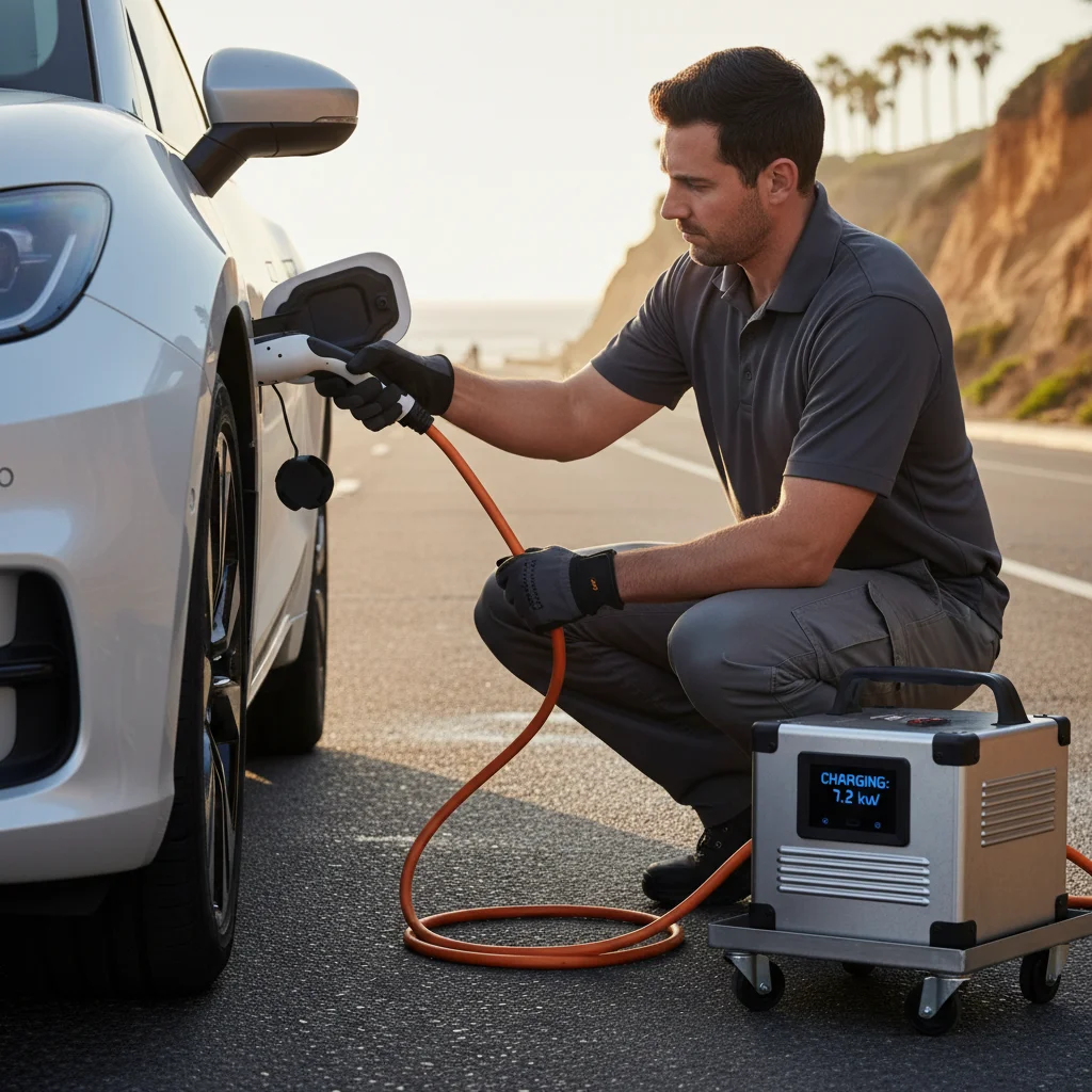 A white electric car at a curb with a charging cable plugged into the charge port