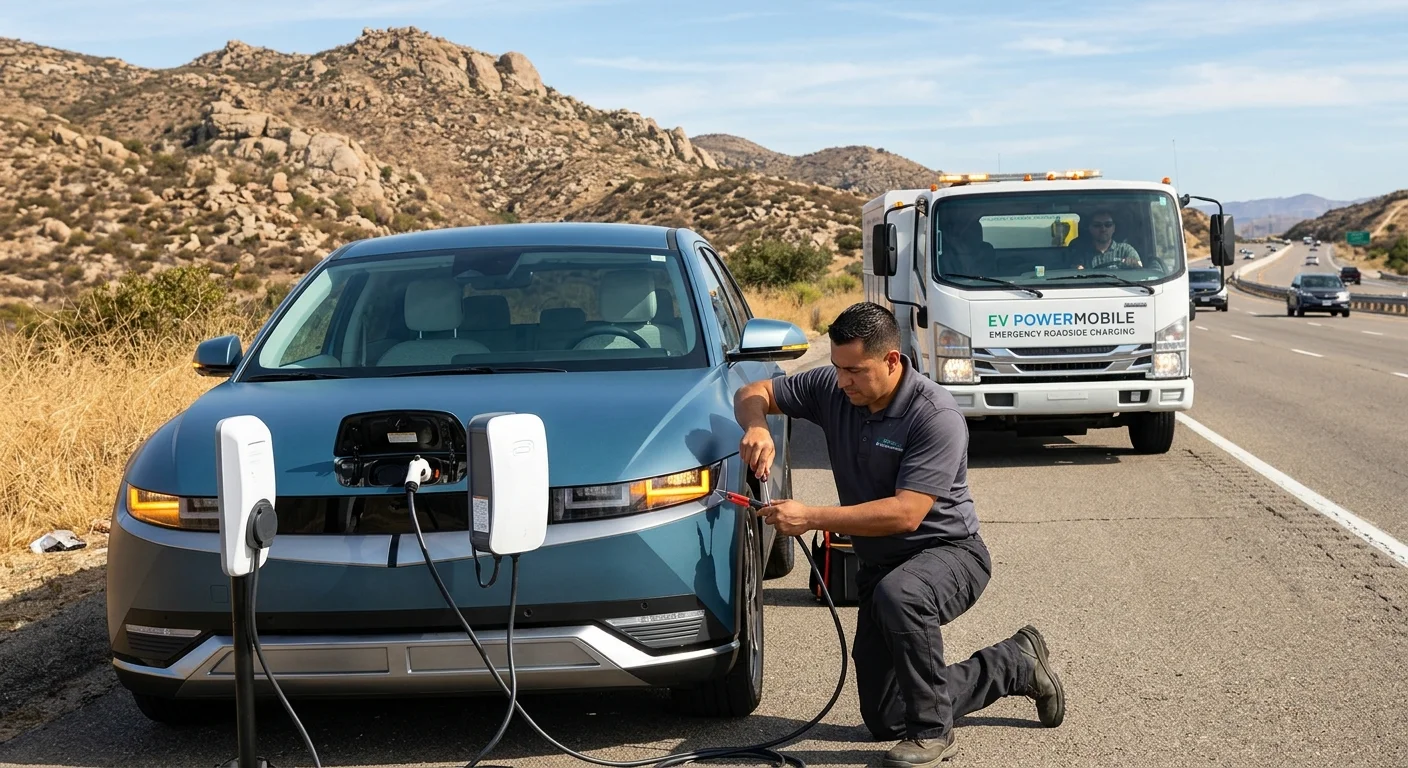 A technician kneels beside a white crossover on a paved shoulder and plugs in a mobile charging cable, with a work truck parked behind the car.