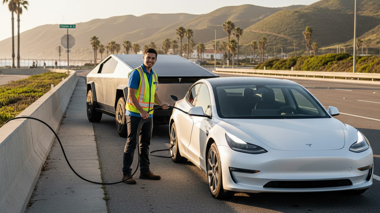 A stranded electric car on a paved shoulder with a service truck parked behind it