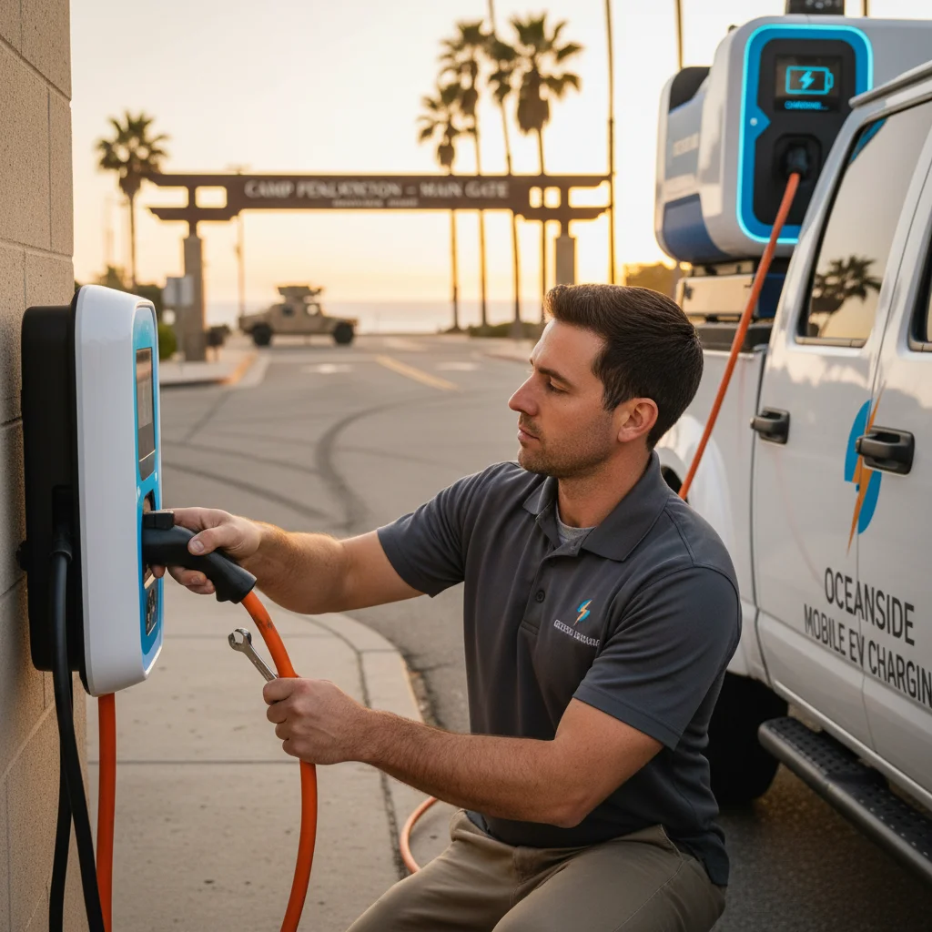 A charging cable connected to an electric car stopped along a paved roadside