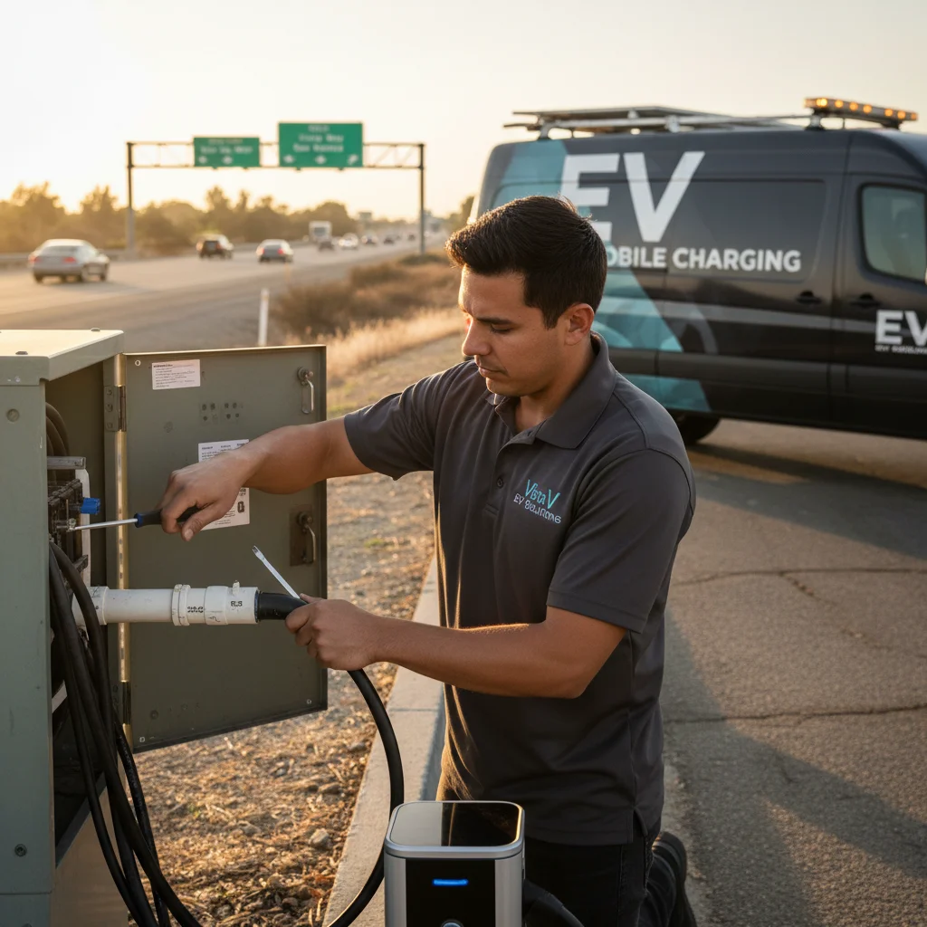 Technician plugging a charging cable into an EV on a quiet residential street