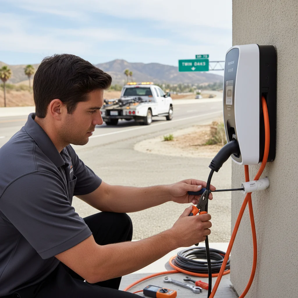 A technician plugging a portable charger into an electric SUV on a residential street