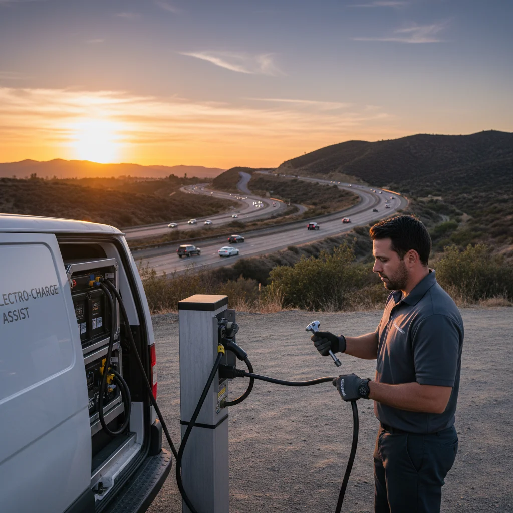 An electric SUV stopped on a highway shoulder as a mobile charging van approaches from behind