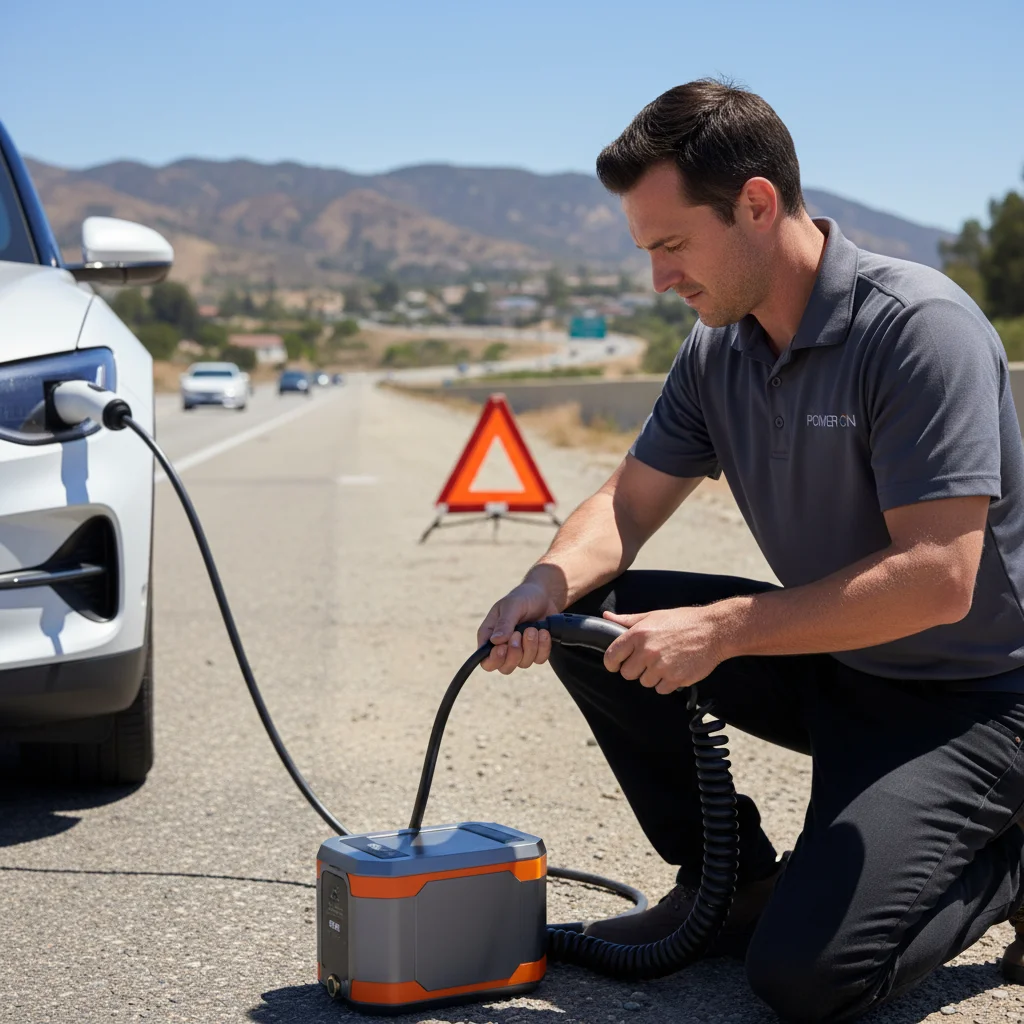A technician plugging a portable charging cable into an EV charge port at the curb