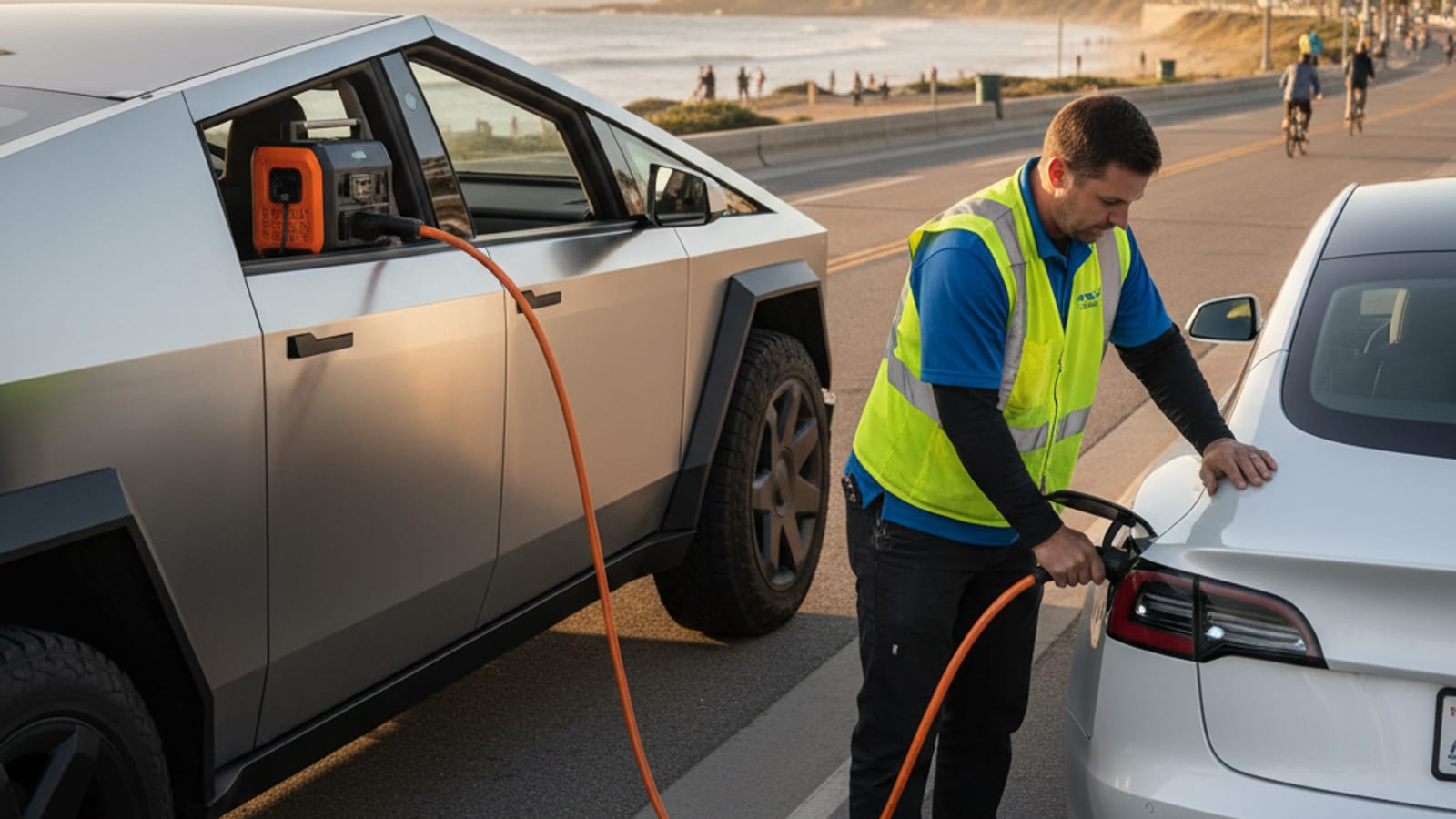 A pickup parked on a paved shoulder beside a stalled electric car with hazard lights on