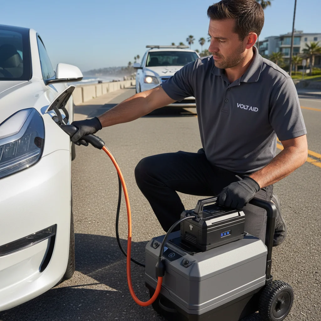 A charging cable connected to an electric car at the curb, with a work truck parked behind it