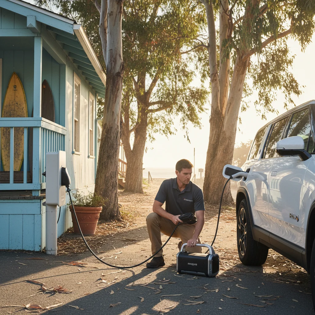 A person connecting a portable charging cable to an electric car at the curb